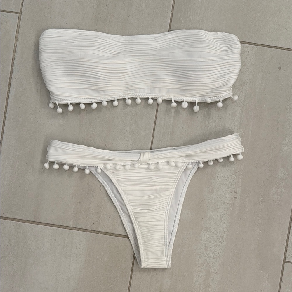White Strapless Bikini with Pom Pom Trim